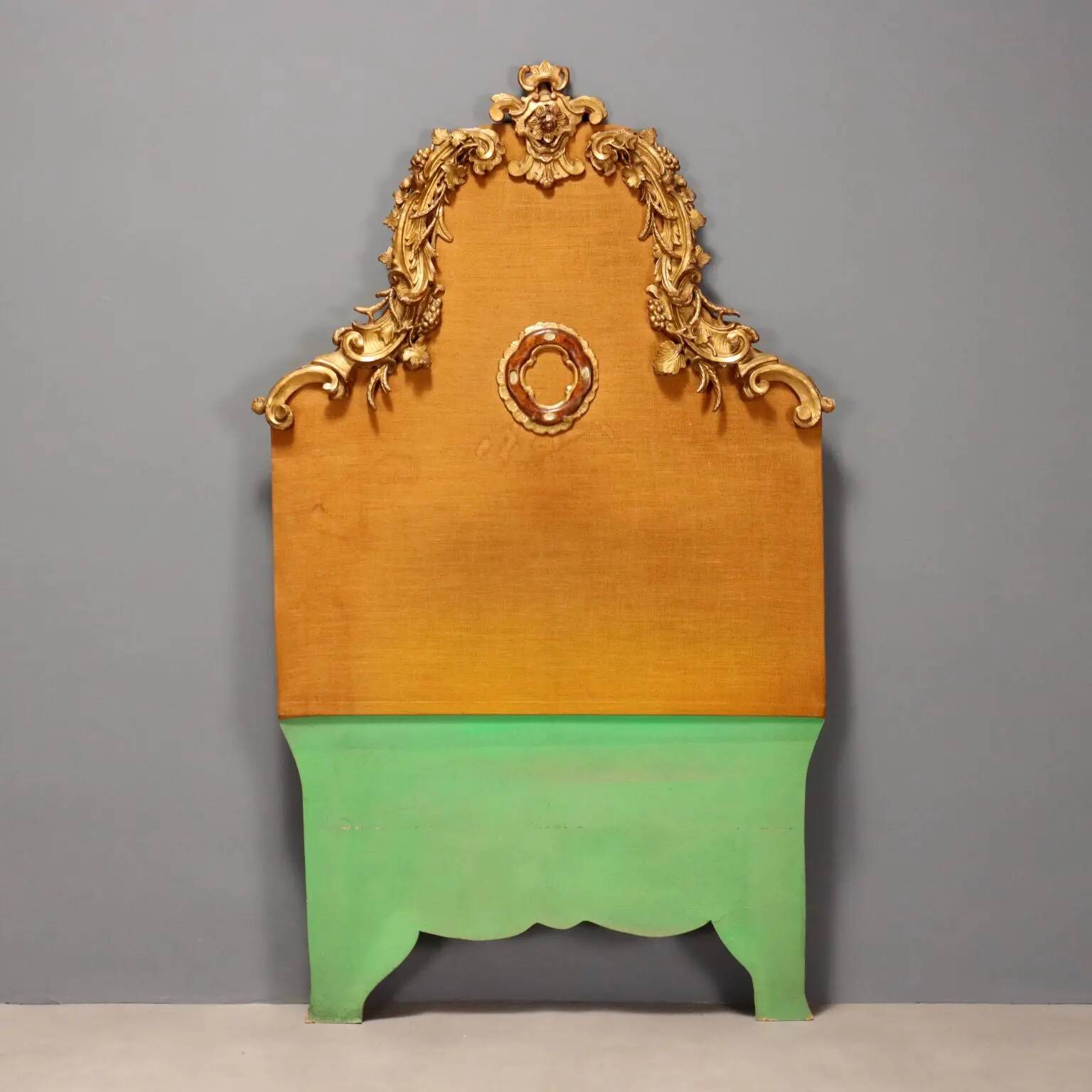 Antique wooden and fabric headboard, Italy, 19th century.