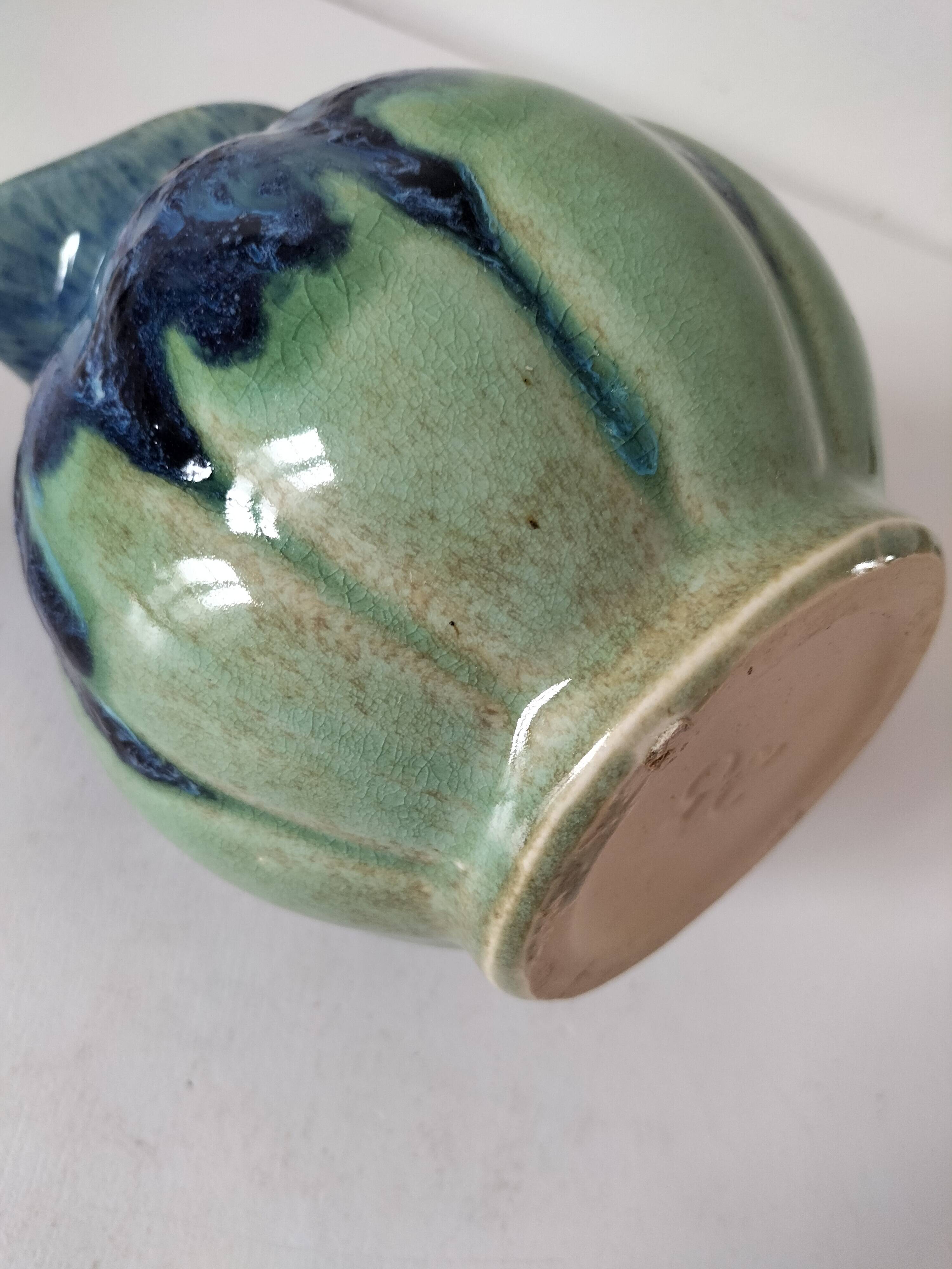 Pichet vernissé bleu et vert, vintage années 1970