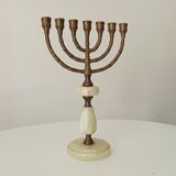 Vintage Hebrew Menorah Candlestick in Solid Brass and Onyx from the 60s