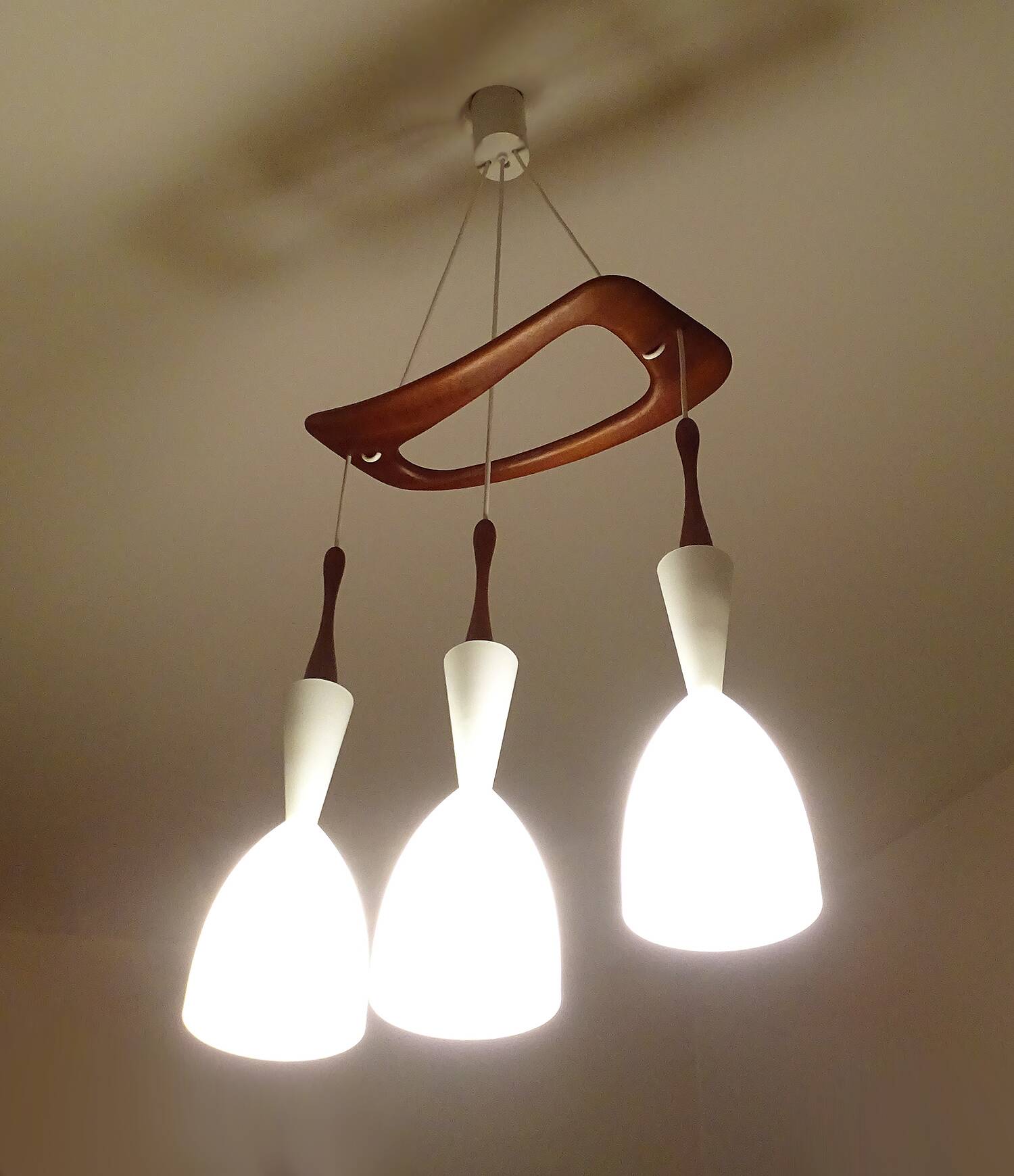 Large Scandinavian Pendant Light, Teak Wood and Glass