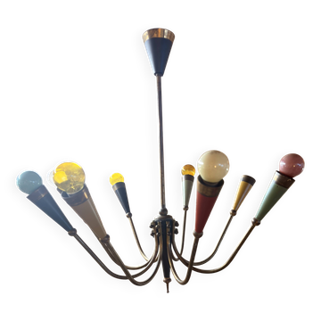 Lustre Sputnik vintage des années 1950 – 8 bras colorés