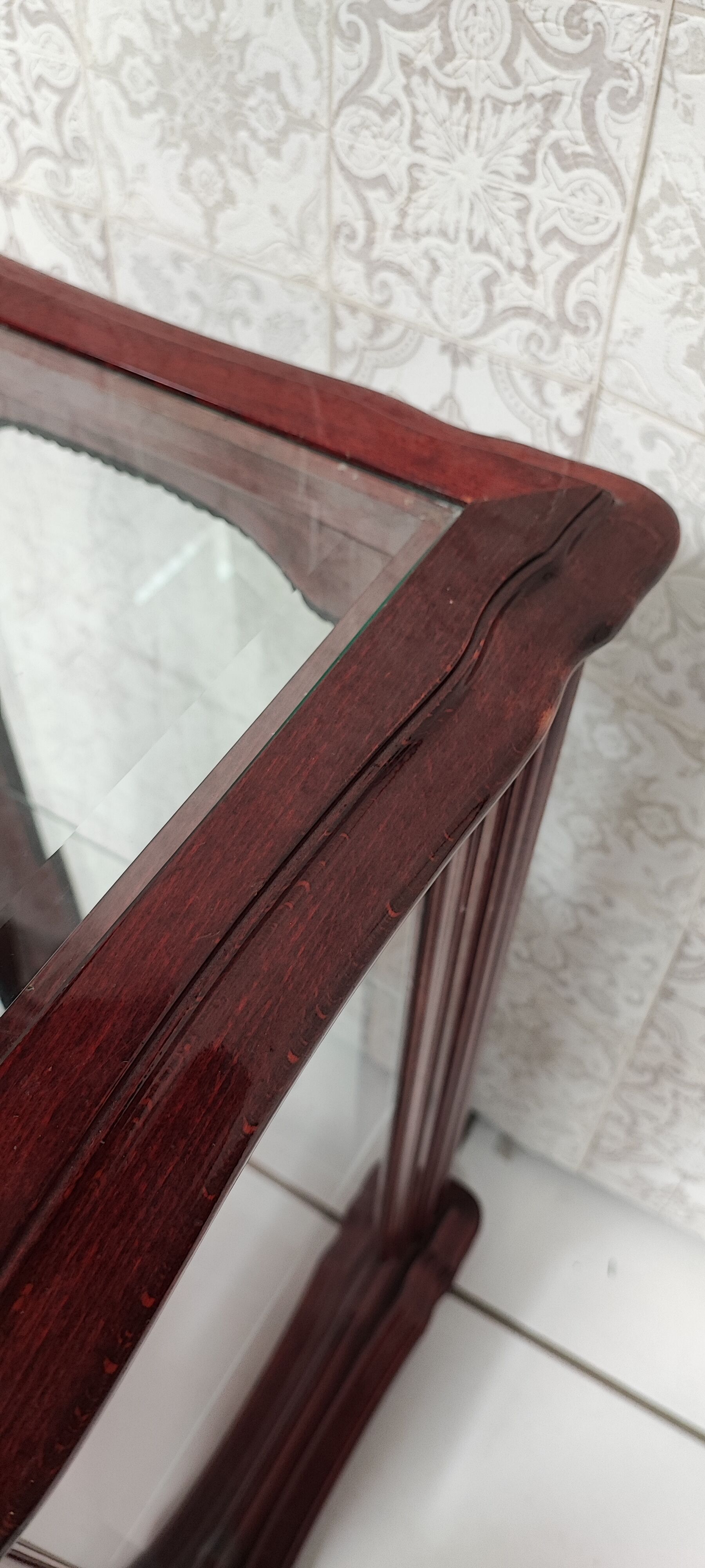 Showcase low glass beveled exotic wood
