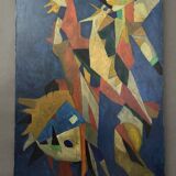 Oil on canvas by Jean Billecocq modern composition with roosters 1960
