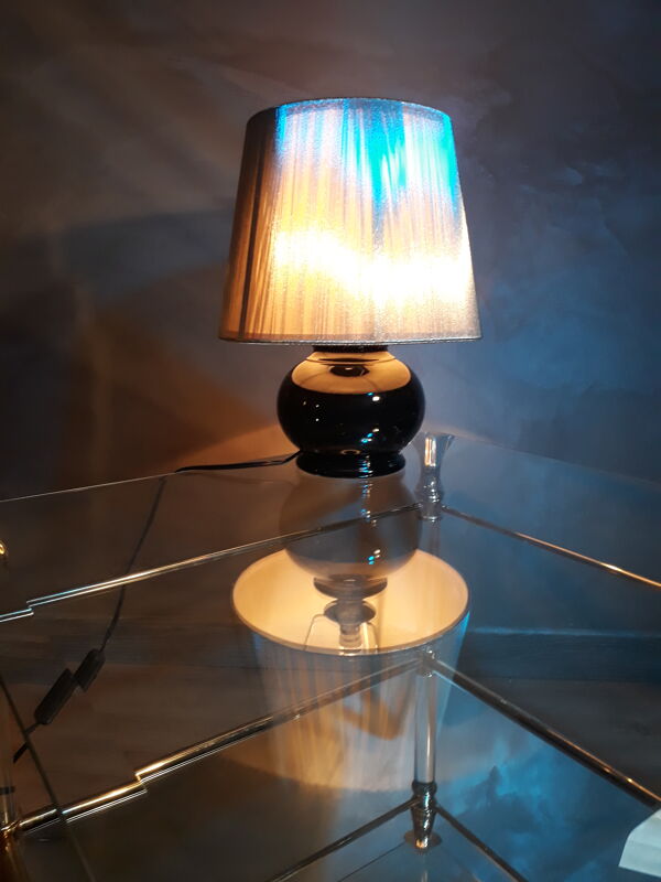 Lampe céramique noire et abat jour en d'argent 1980