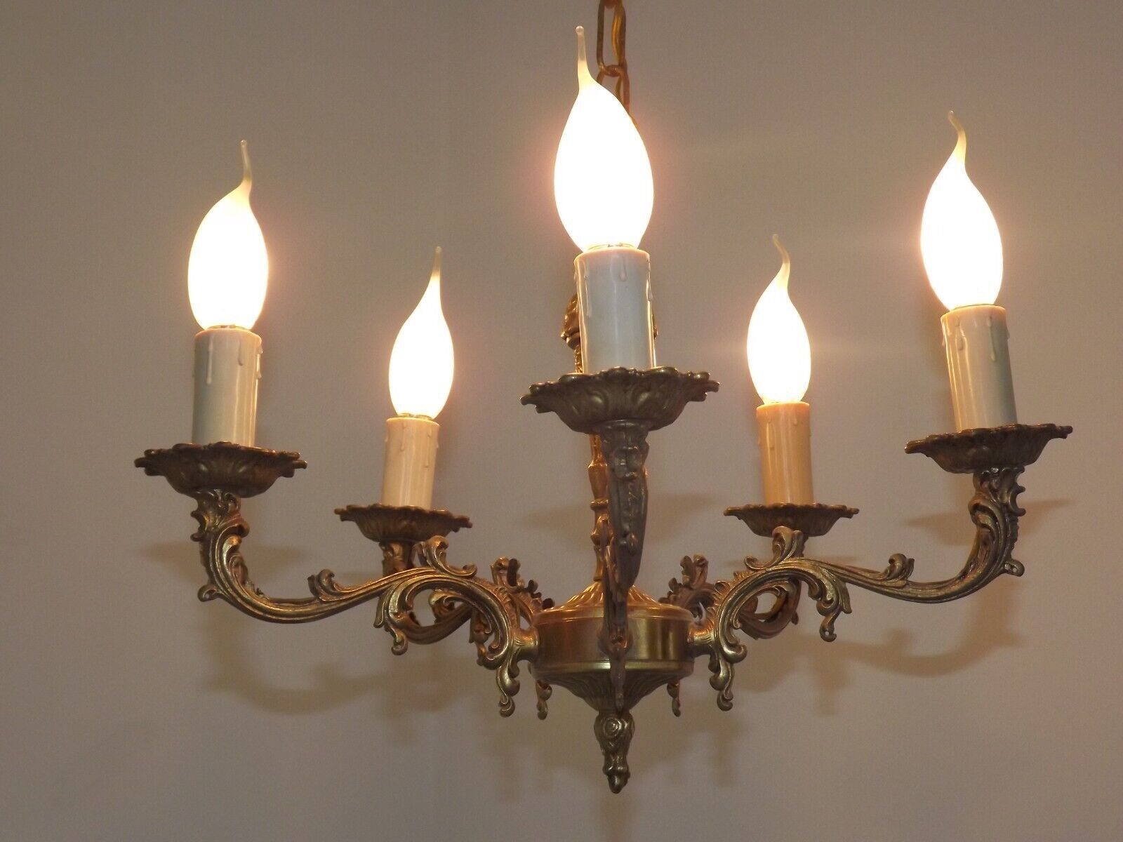 Vintage french bronze ornate detail 5 light chandelier