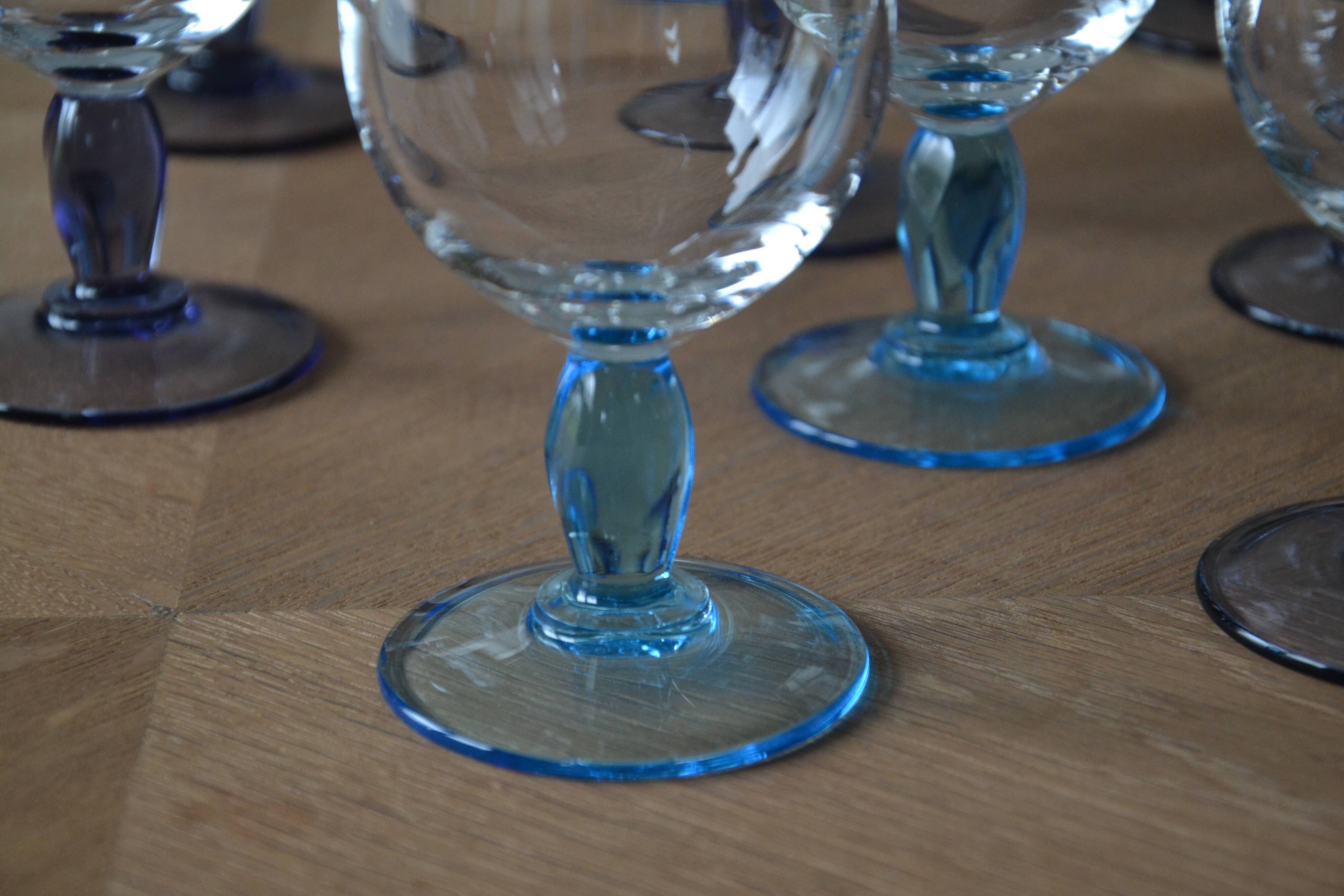 12 blue and purple stemmed glasses