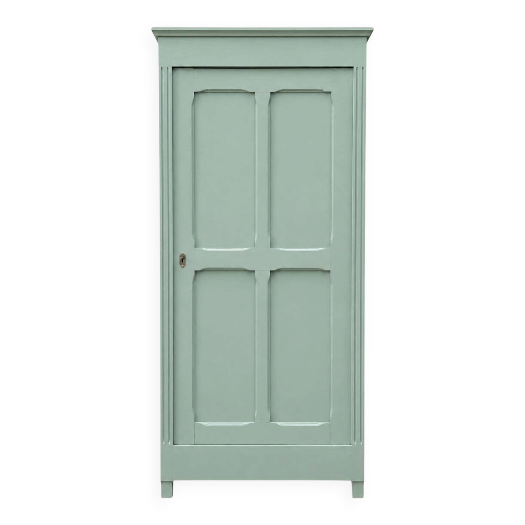Antique Parisian wardrobe in grey-green solid pine.