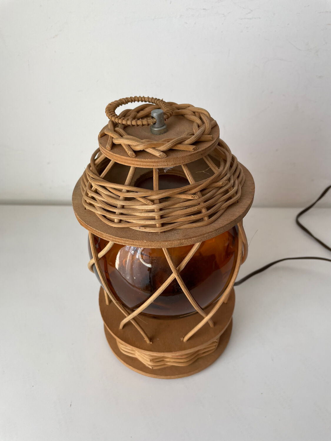 Vintage wood and wicker lamp