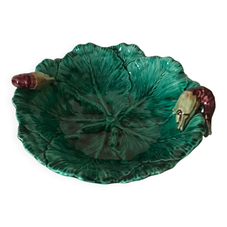 Vintage barbotine salad bowl with lettuce leaf and shrimp