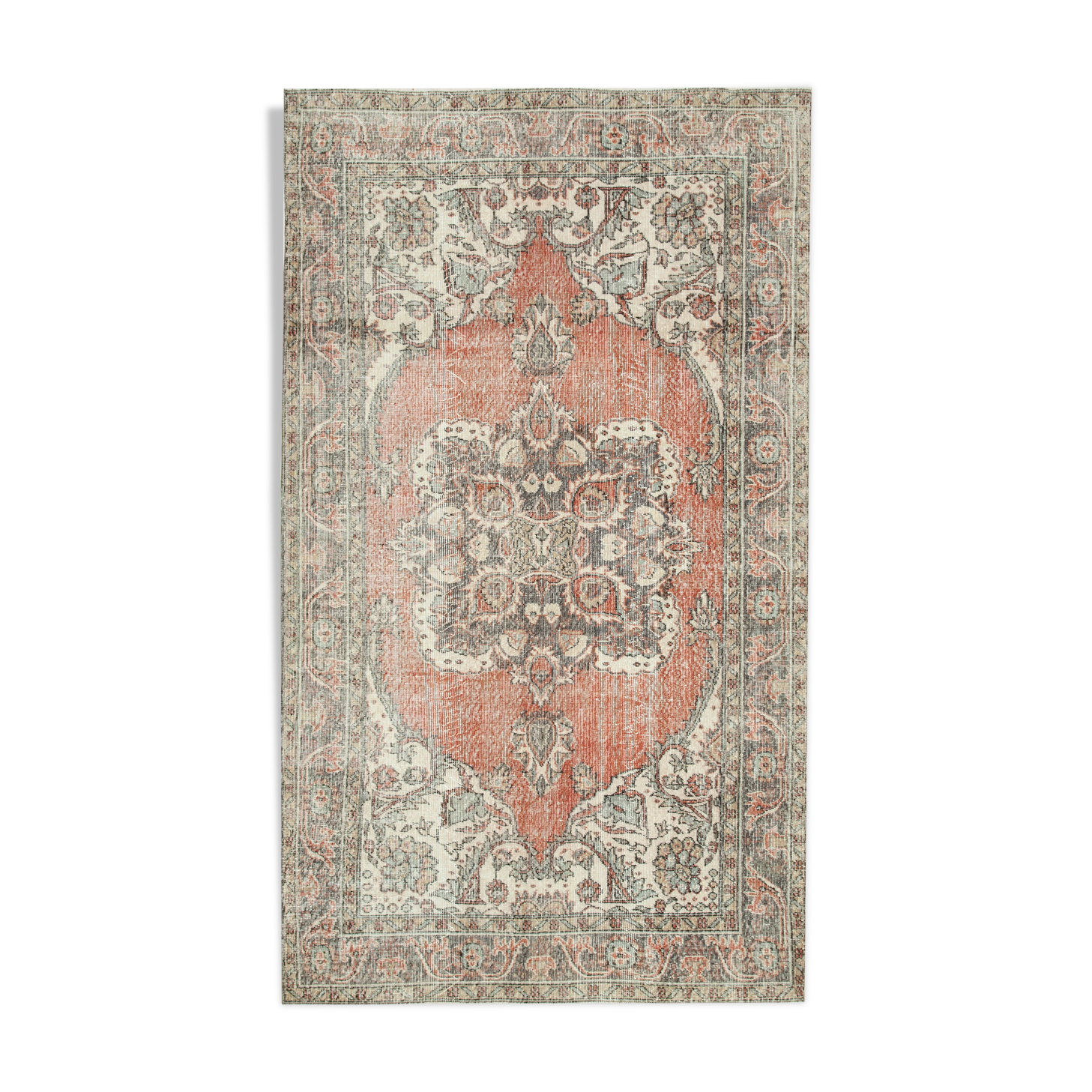 Turkish hand-knotted distressed 1970s beige carpet 178 cm x 305 cm