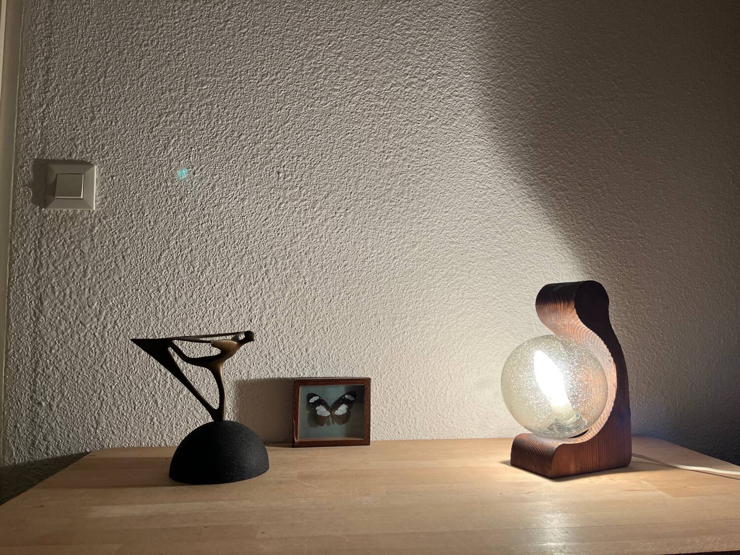 Brutalist lamp Temde Leuchten 1970s pine and glass globe