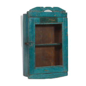 Vitrine murale verte vintage vieux teck patine et piece d'origine inde