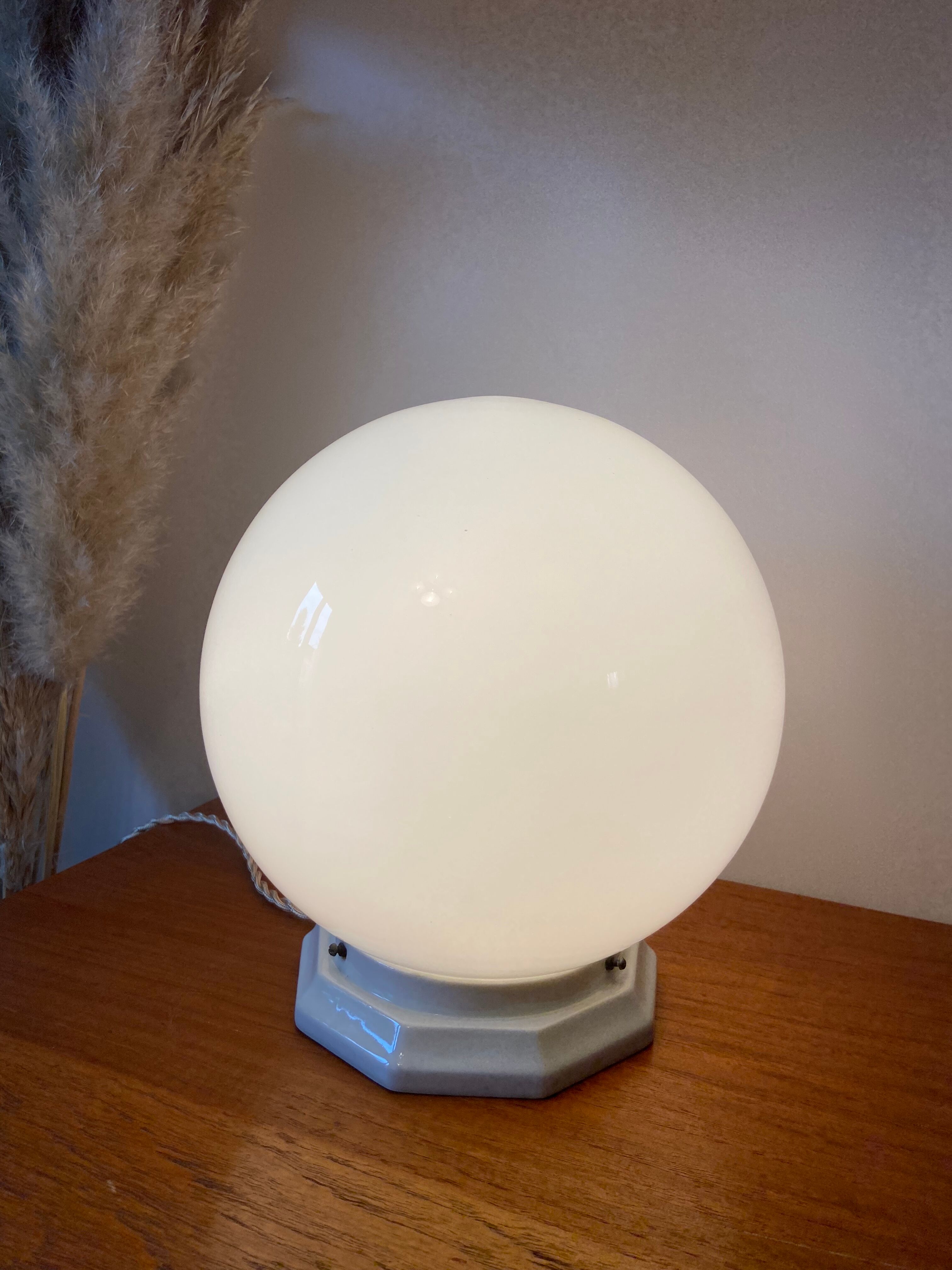 Vintage table lamp opaline ball and earthenware base