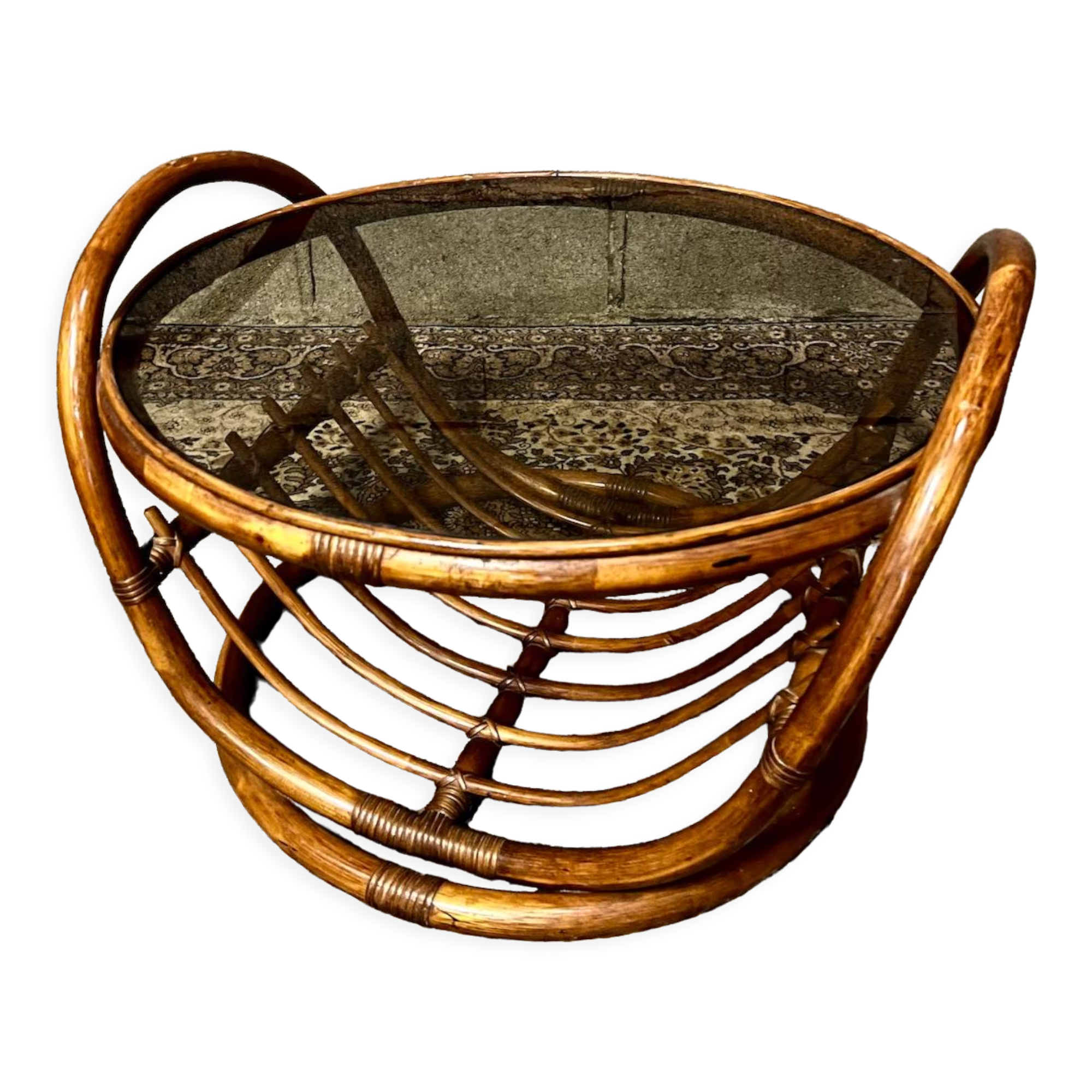 Vintage round coffee table in rattan and smoked glass