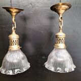 Pair of holophane glass pendants