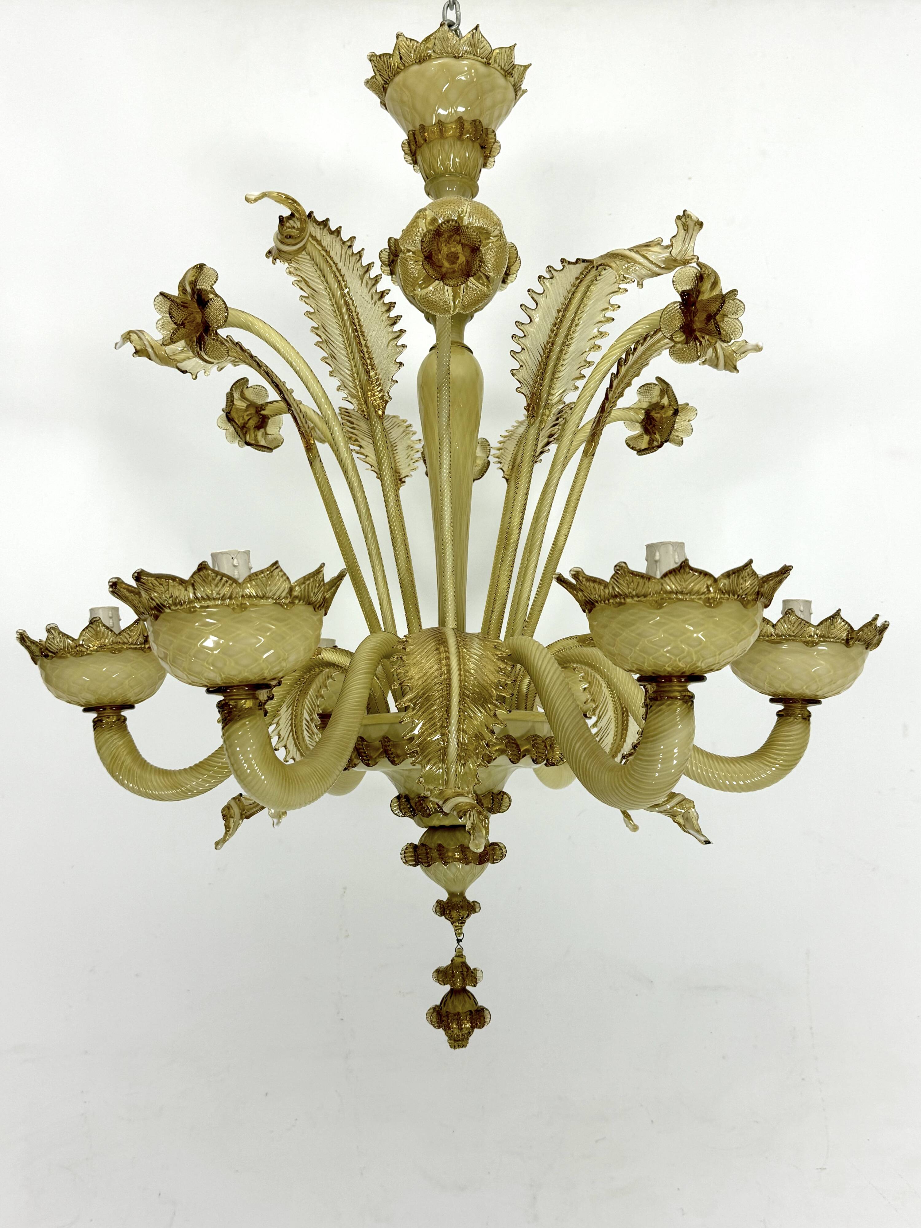 Vintage 6 arms handcrafted floral Murano glass chandelier with gold. Italy 1950s