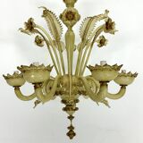 Vintage 6 arms handcrafted floral Murano glass chandelier with gold. Italy 1950s