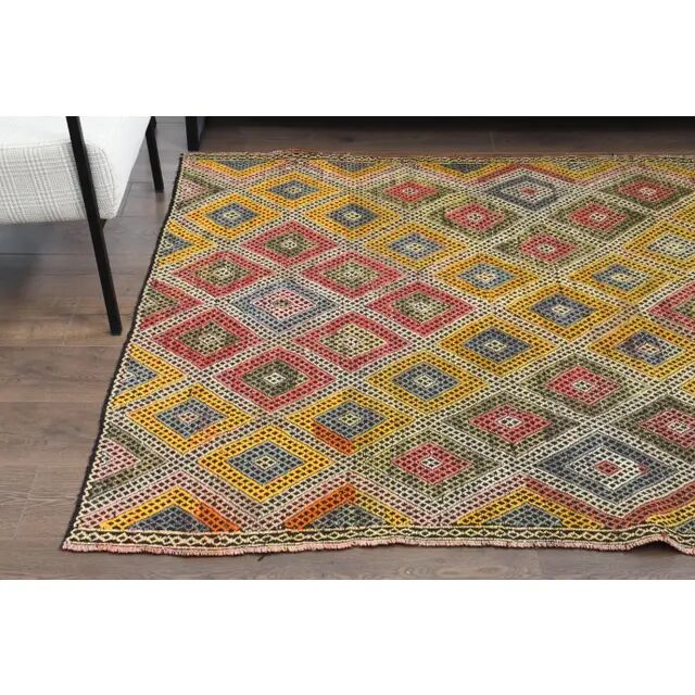 1970s Vintage Turkish Oushak Handmade Wool Cotton Yellow Runner Rug 158x201