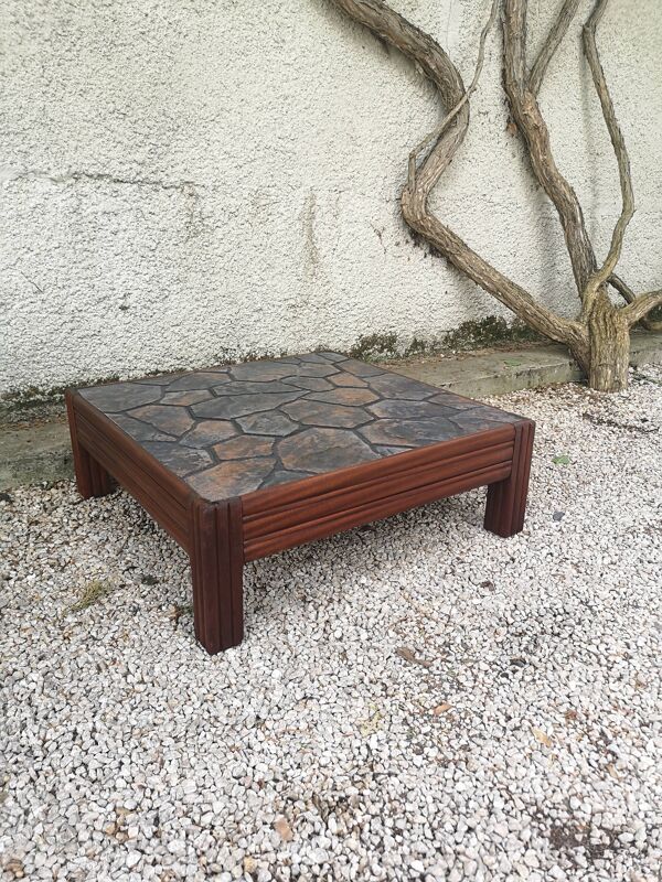 Table basse carrée en chêne et plateau céramique