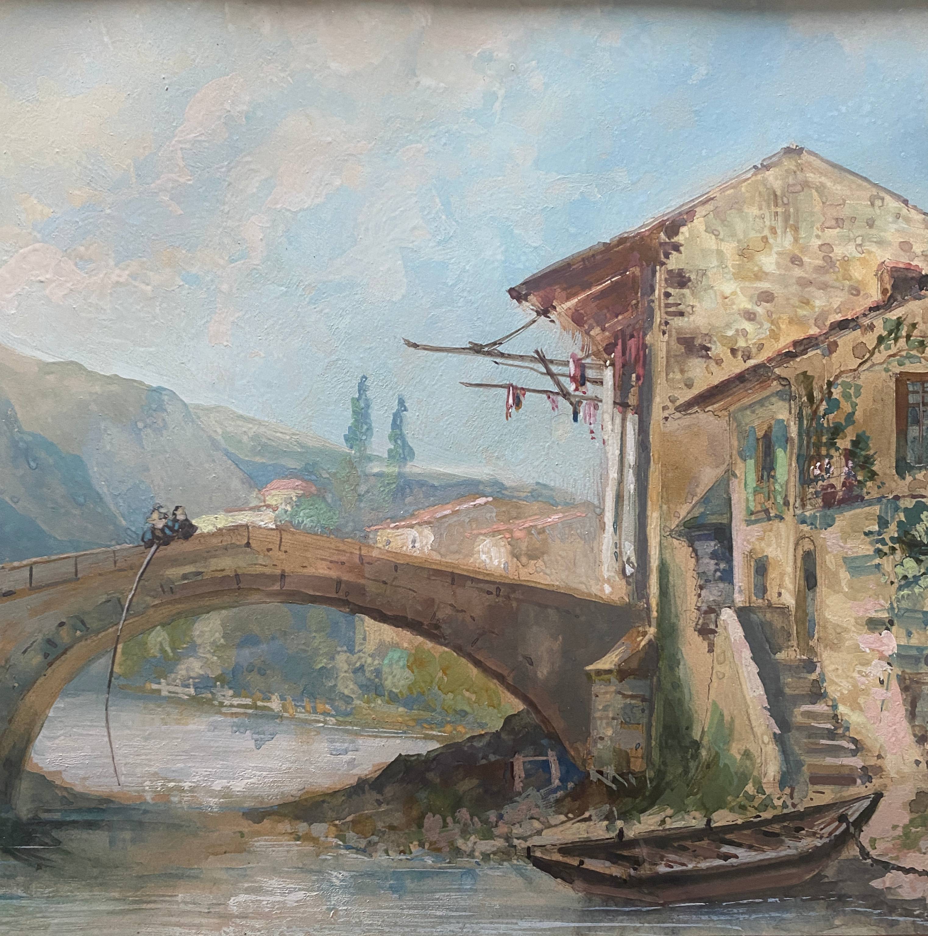 Magnificent 19th century Gouache painting "Roman house by the water" Italy? sign