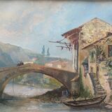 Magnificent 19th century Gouache painting "Roman house by the water" Italy? sign