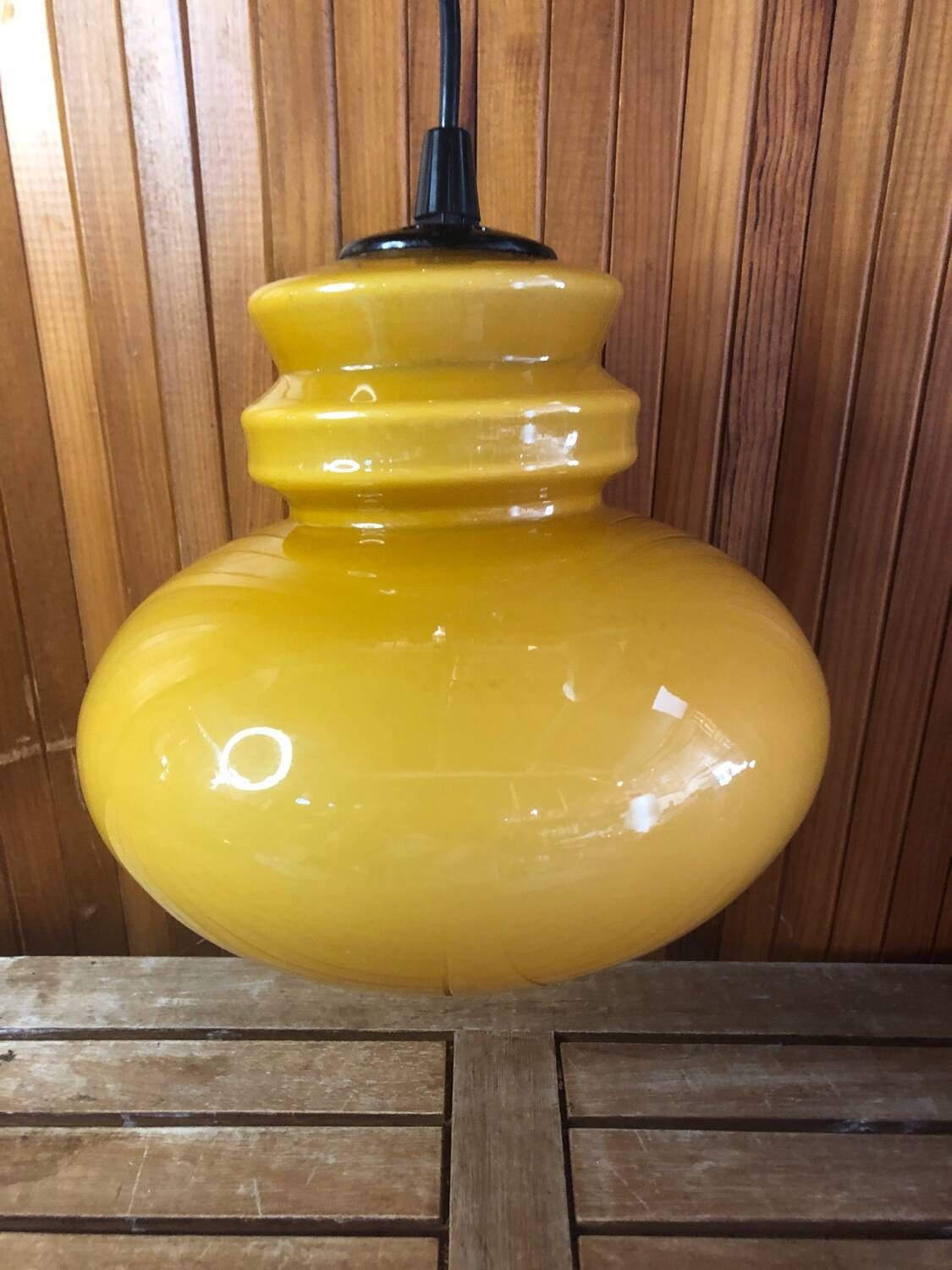 Old Yellow Opaline Pendant Light White Interior 1970s Vintage #A380