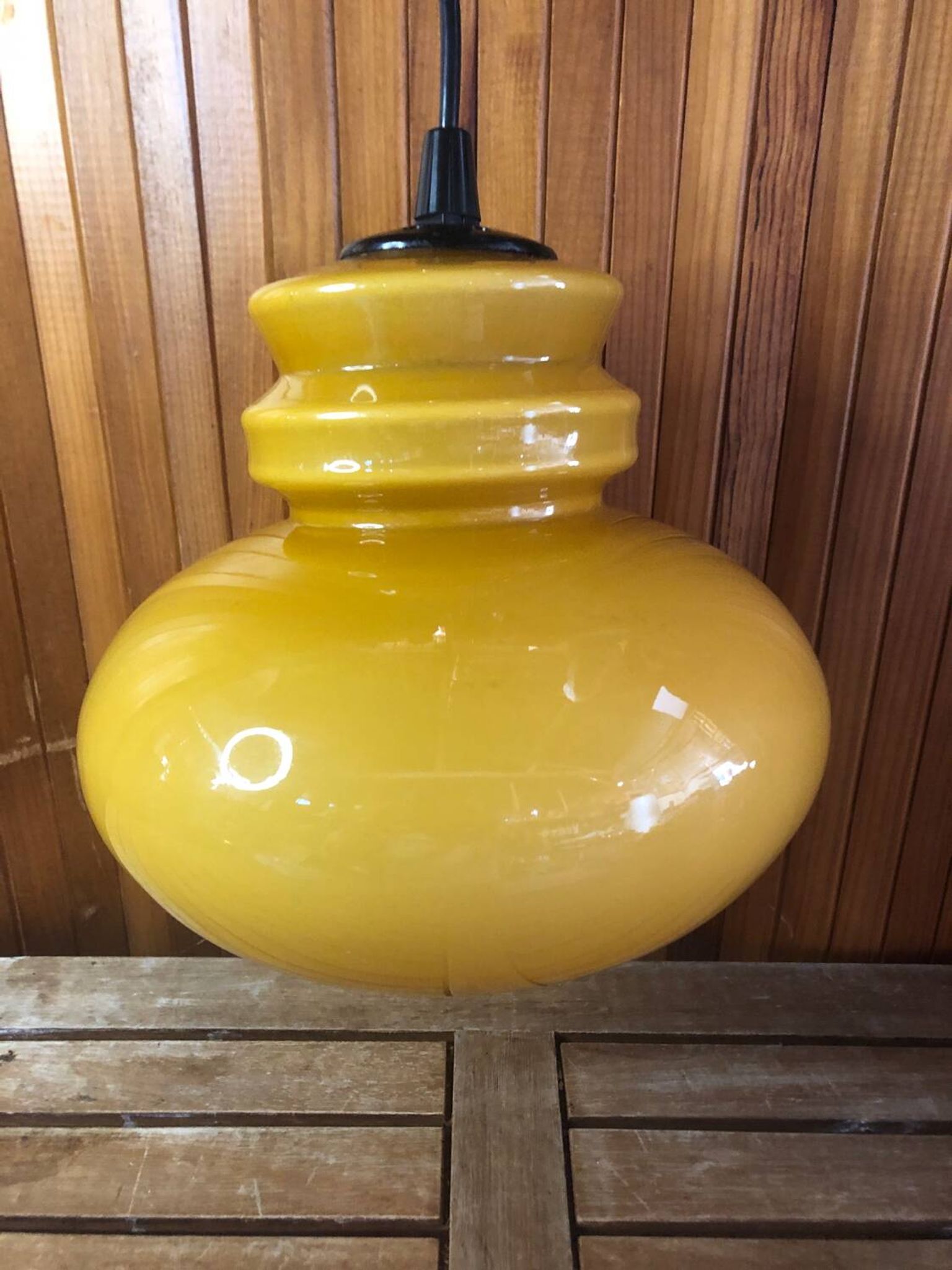Old Yellow Opaline Pendant Light White Interior 1970s Vintage #A380