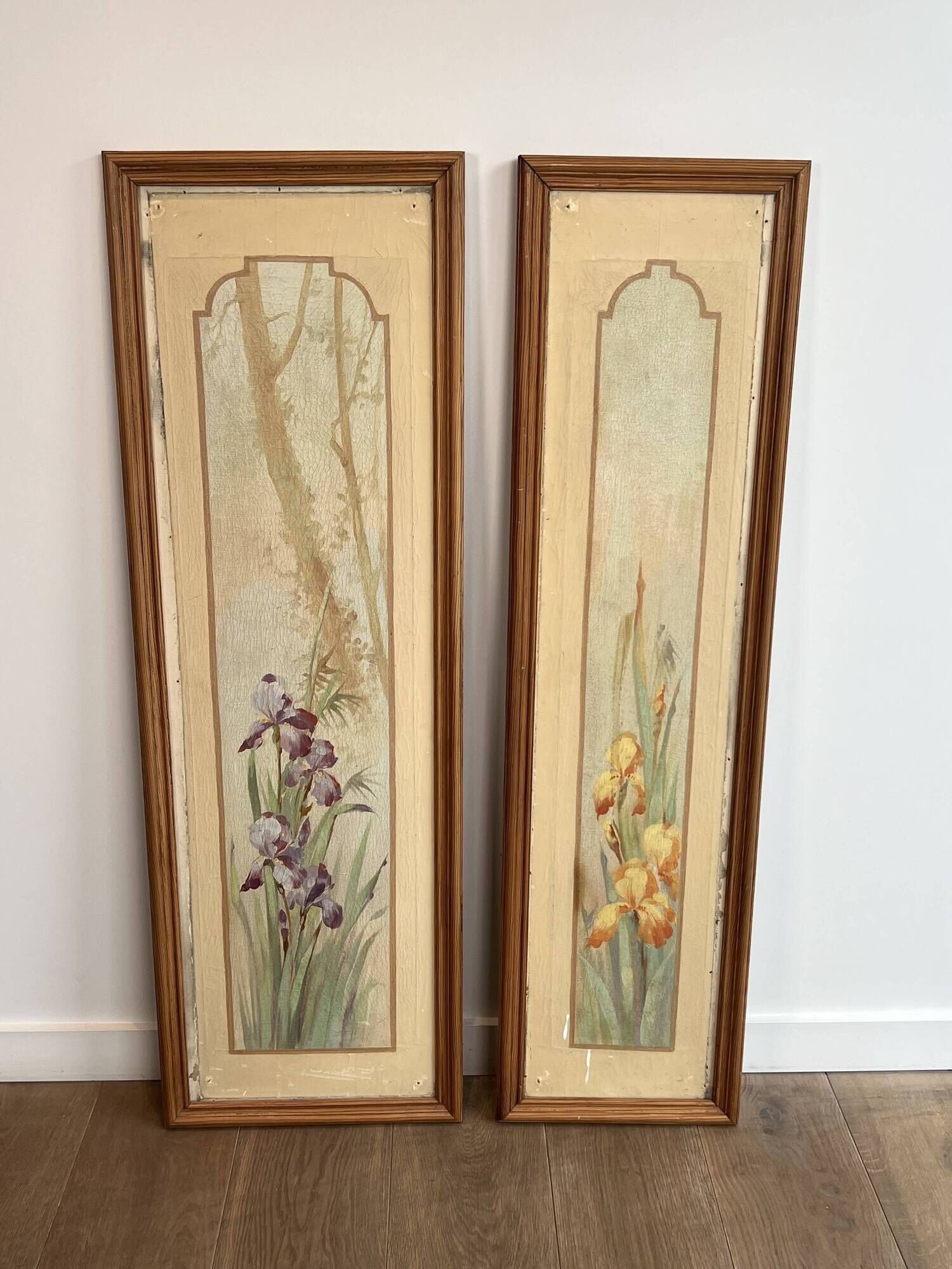 Pair of Art Nouveau Decorative Panels with Purple and Yellow Irises. Work