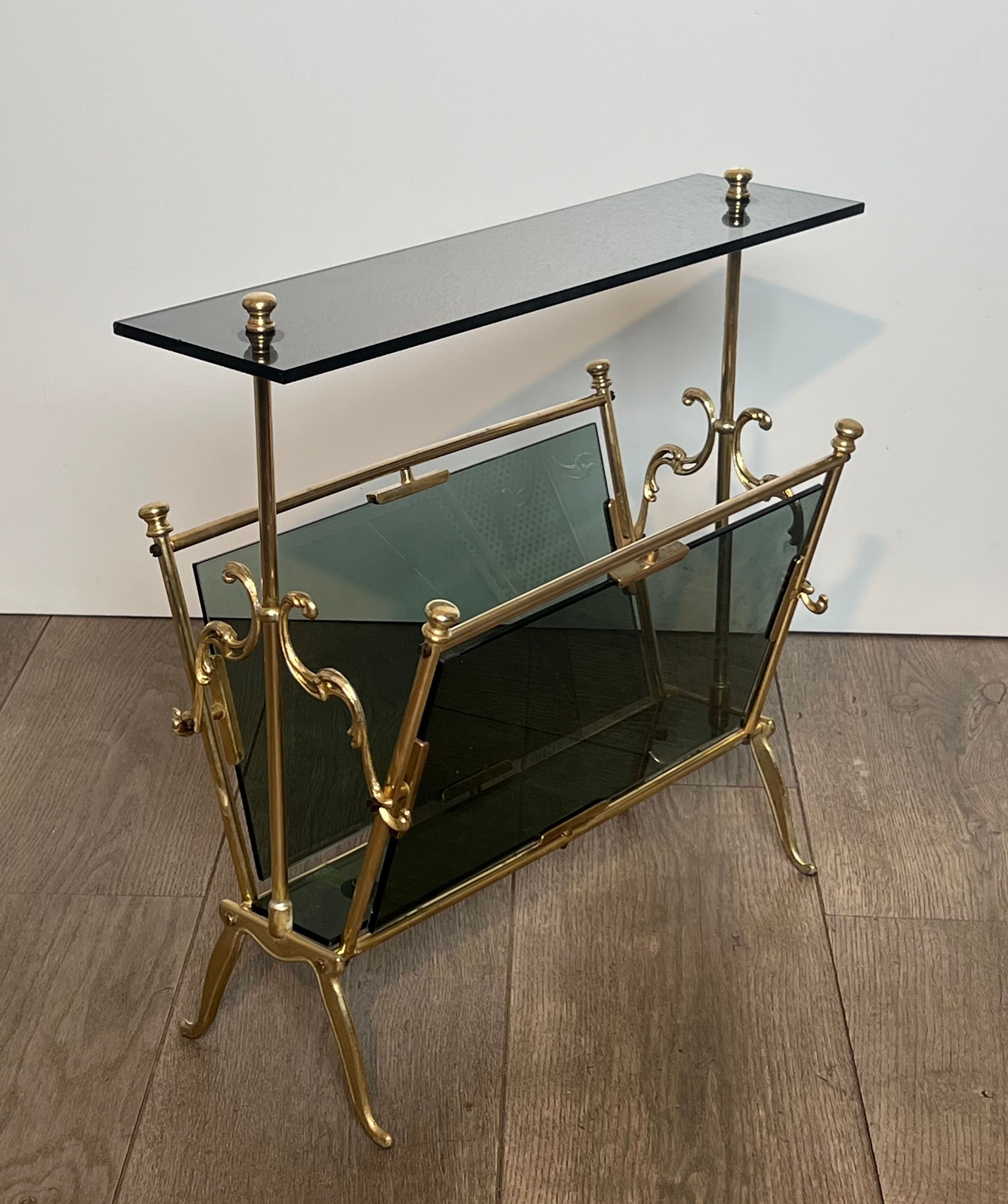 Brass magazine rack and blue-tinted glasses