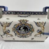 Planter, cache pot, Gien earthenware, rich decoration, Italian Renaissance, winged angel, antique decoration