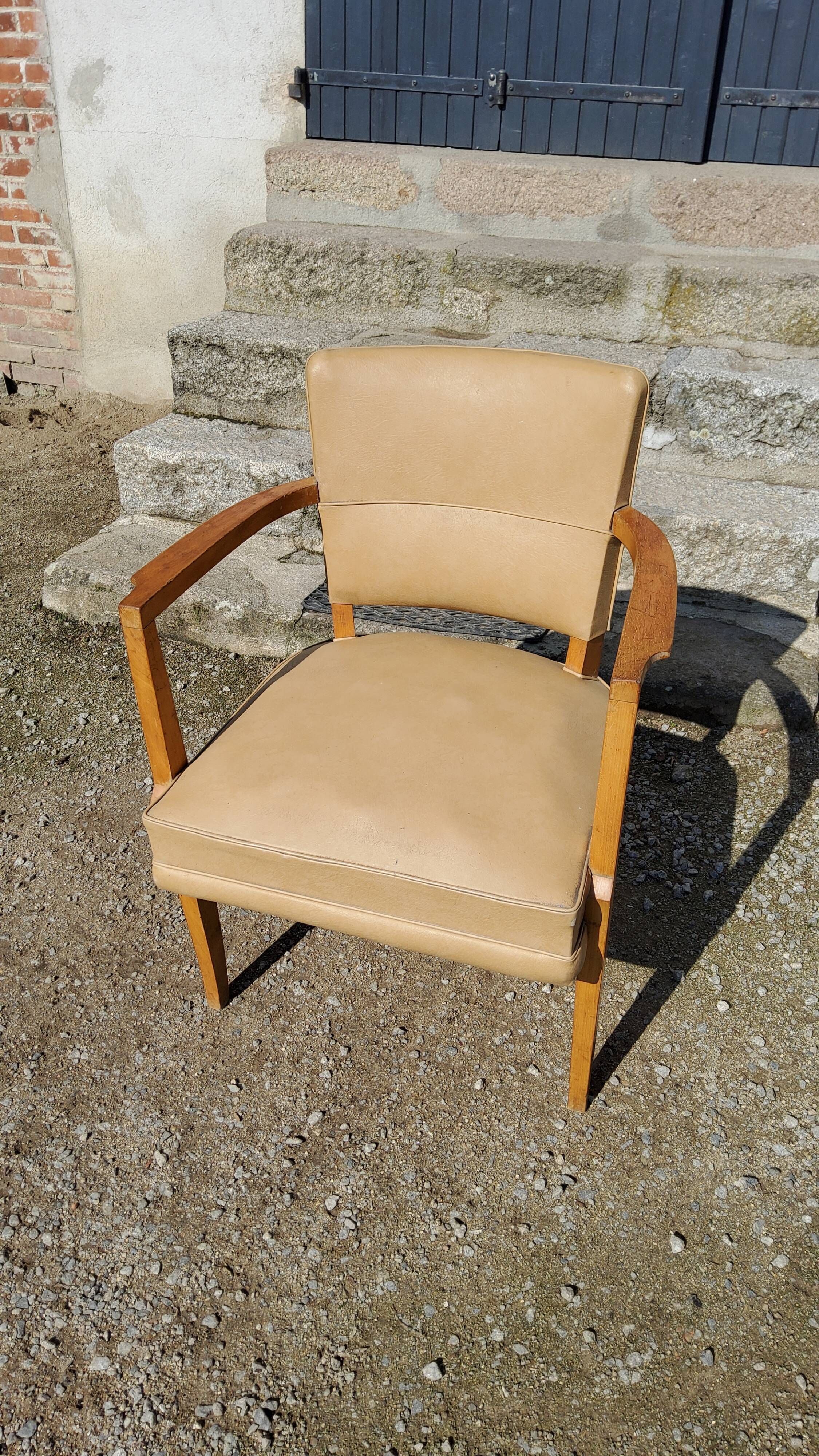 Office armchair from the 50s in beech tinted sycamore and moleskine