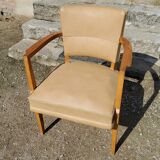 Office armchair from the 50s in beech tinted sycamore and moleskine