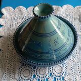 Turquoise blue & arabesque tagine in enamelled terracotta - 22cm in diameter, 20cm in height approx.