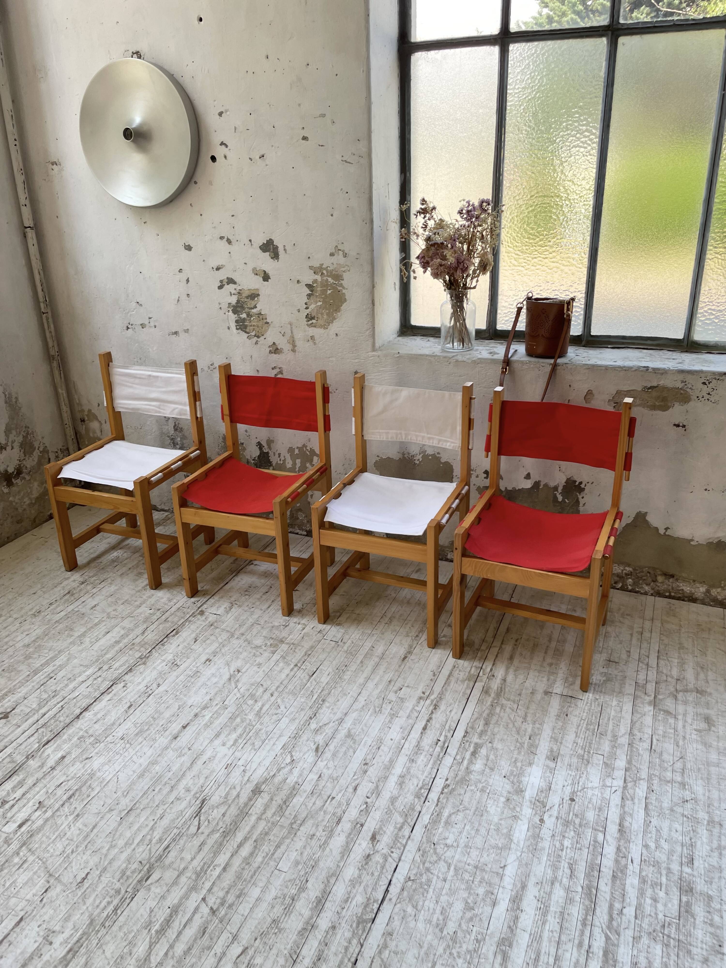 Set of 4 80s colored pine chairs
