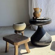 Small stool, rectangular rounded solid teak side table wabi-s