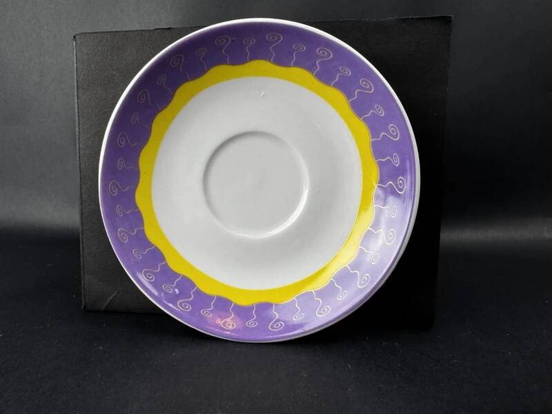 Set of 6 modern purple yellow and gold porcelain coffee cups from the 80s