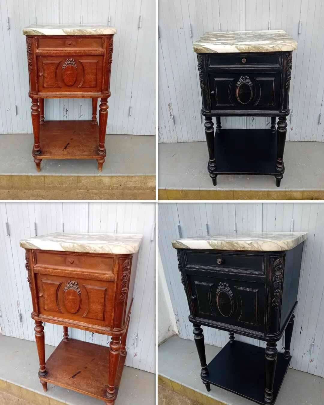 Romantic black bedside table with patinated marble and wood