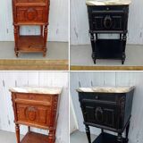 Romantic black bedside table with patinated marble and wood