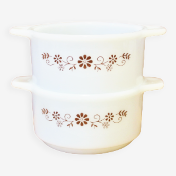 Pyr-O-Rey Brown Daisy 1950 Set of 2 Cassolettes Small dishes with round oven