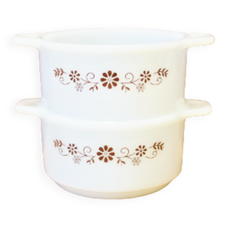 Pyr-O-Rey Brown Daisy 1950 Set of 2 Cassolettes Small dishes with round oven