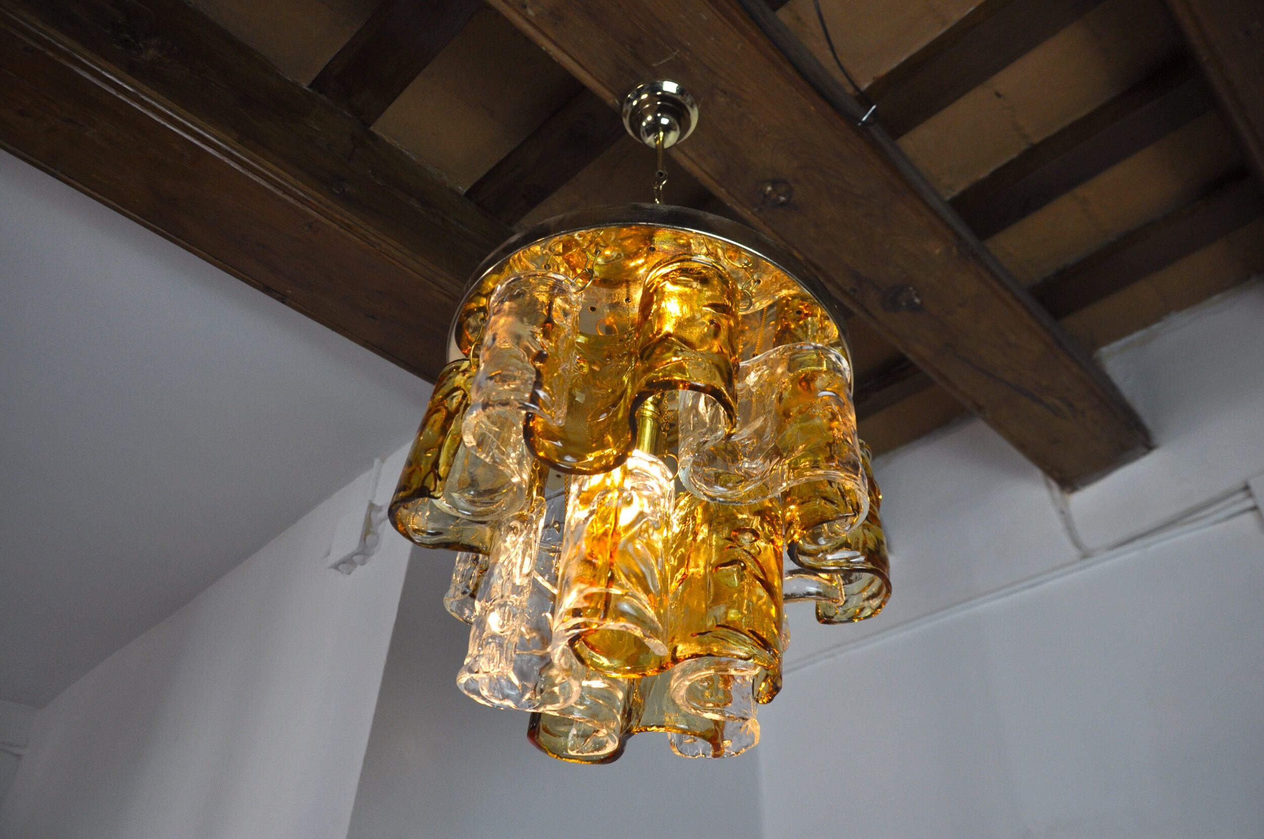 Two-tone chandelier by Zero Quattro, orange and transparent murano glass, Italy, 1970