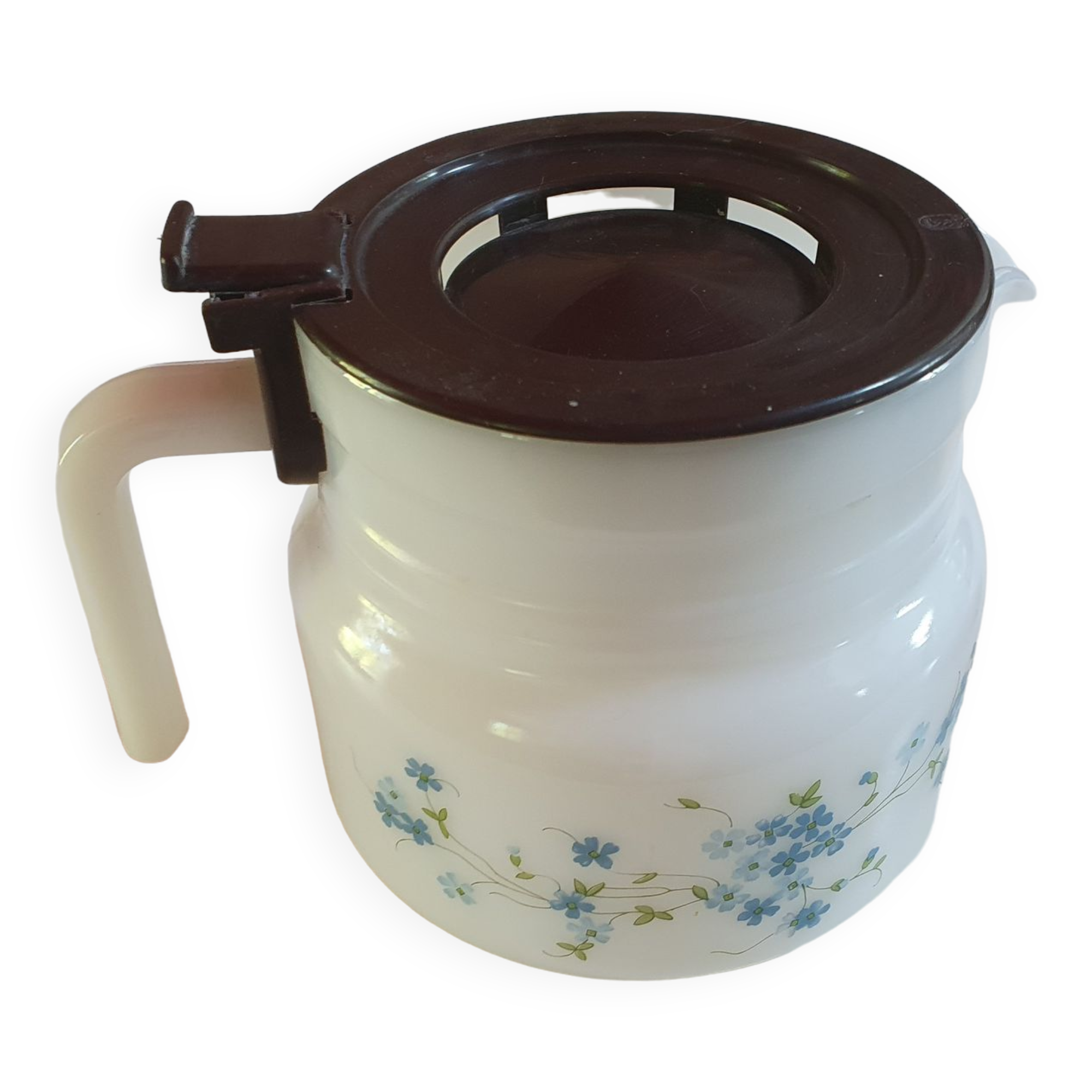 Vintage coffee bowl in arcopal with small flowers blue mysotis brown lid