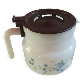 Cafetiere vintage en arcopal a petites fleurs bleue mysotis couvercle marron