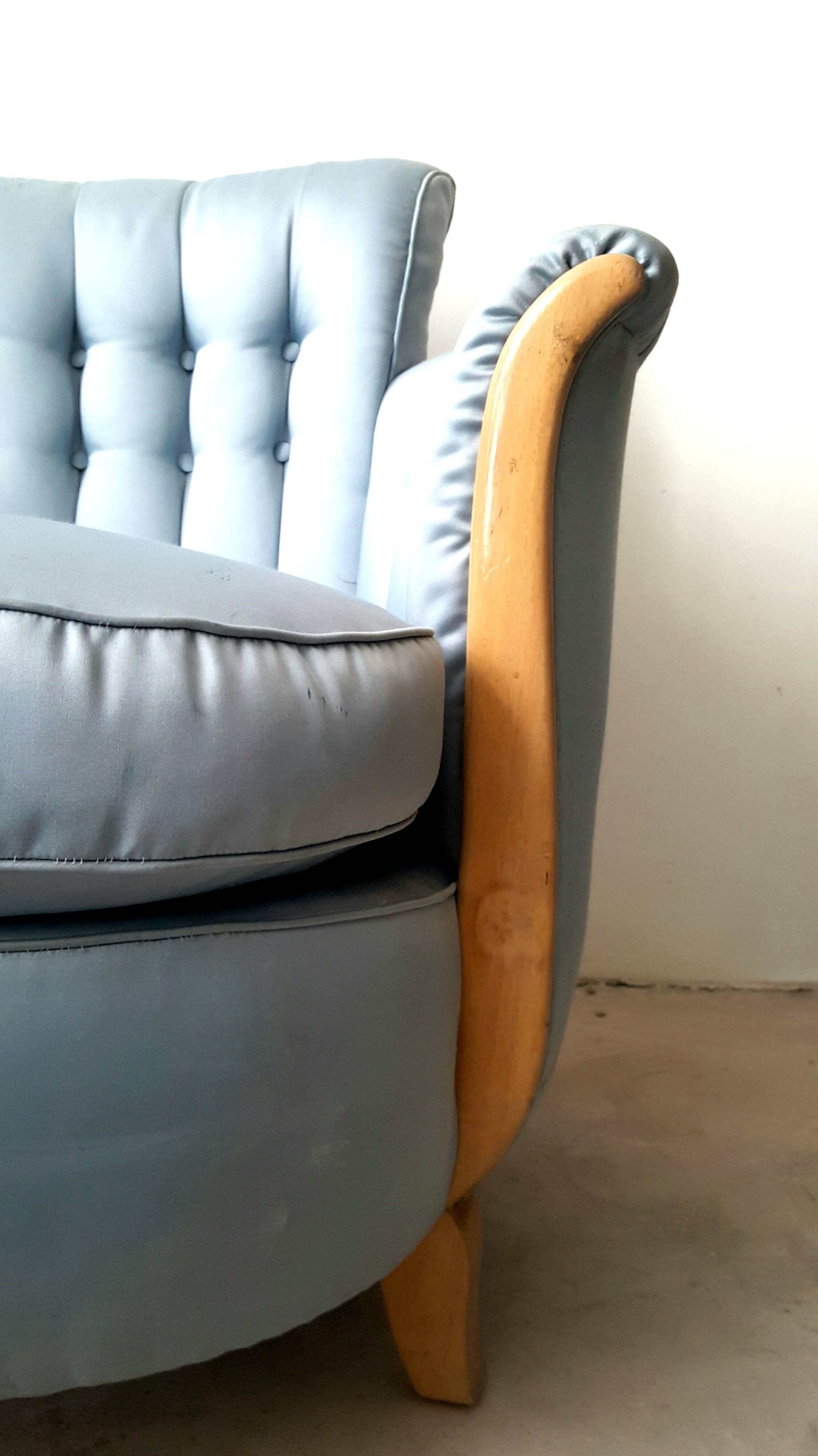 Cocktail chair bas corbeille in sycamore blond and blue silk - art deco 1930