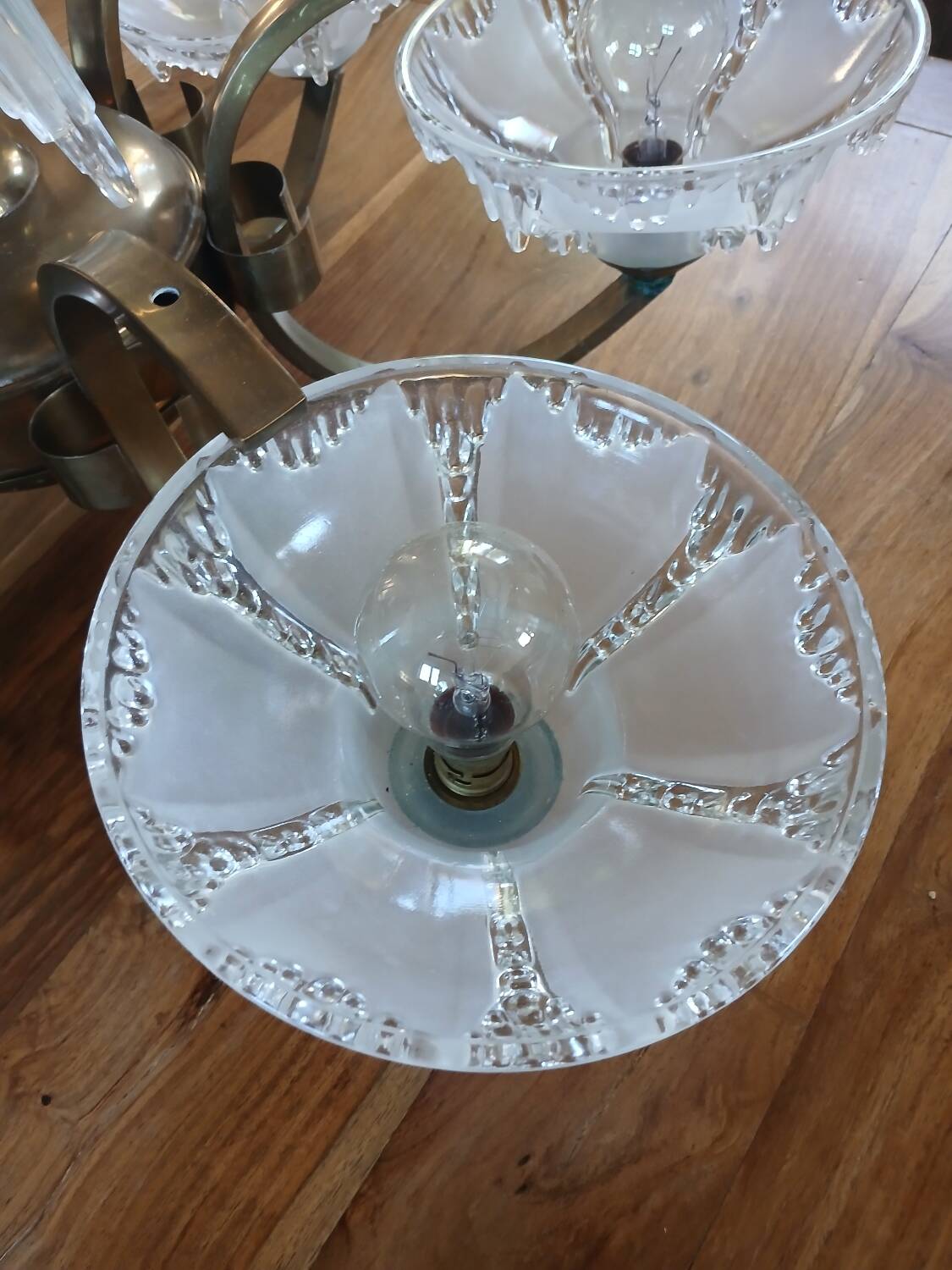 Antique Art Deco brass and glass chandelier