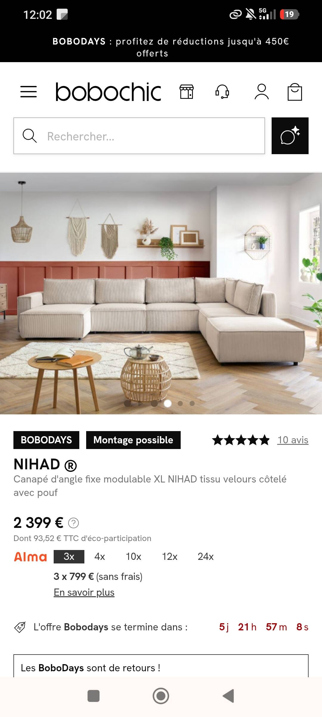 Canapé d'angle modulable xl bobochic nihad velours côtelé beige. très bon é