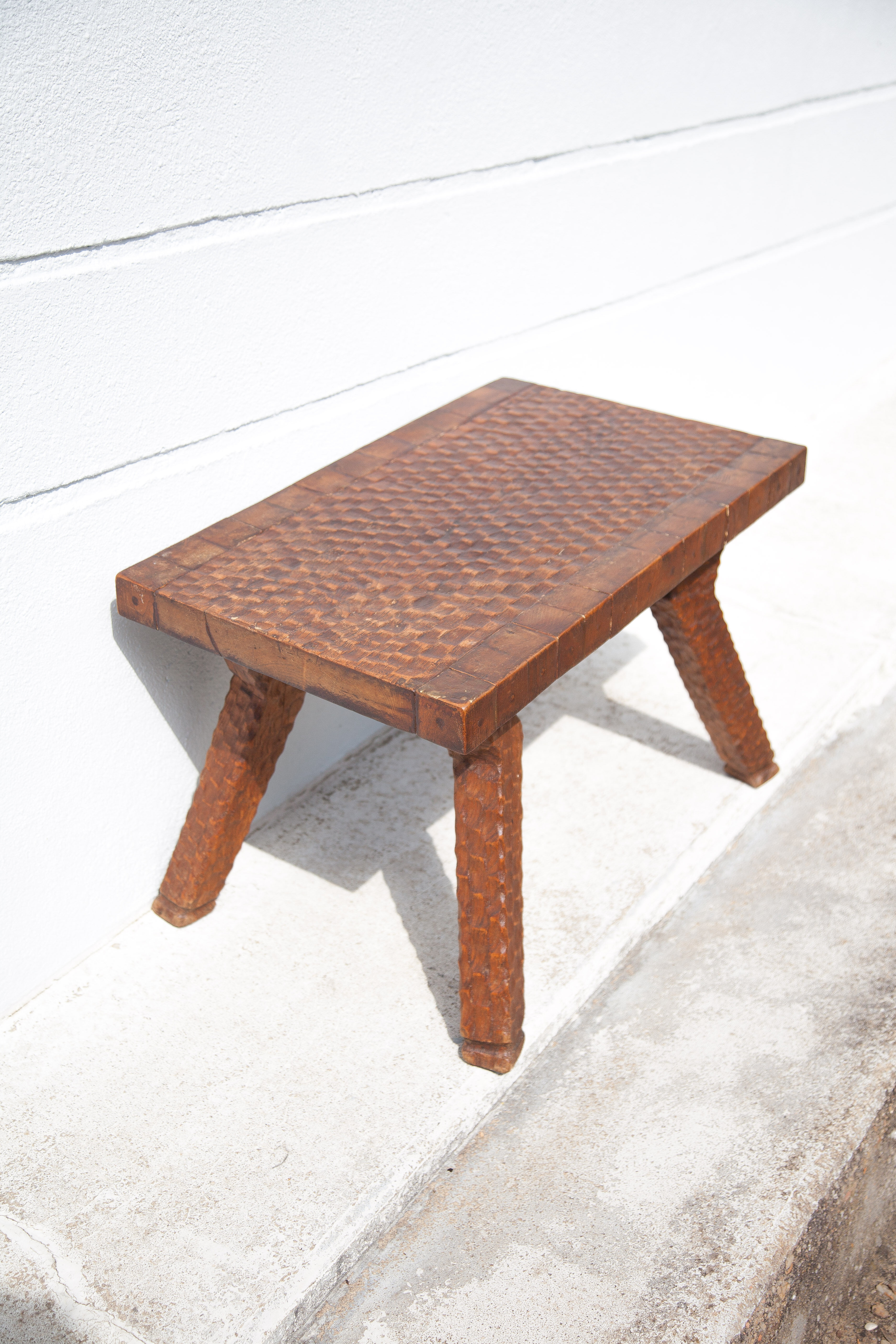 Carved wood coffee table, hammered wood table, side table, living room table, vintage table