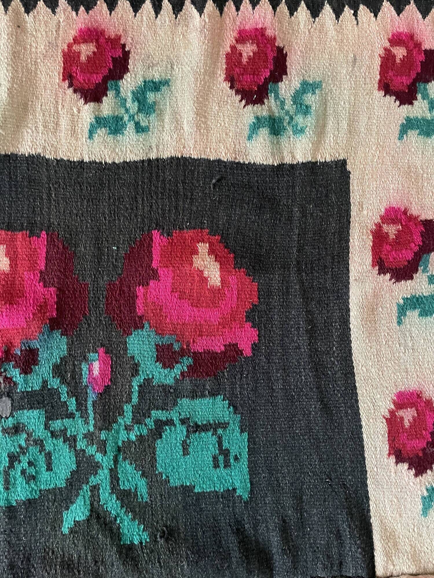 Very Old Romanian floral handwoven carpet made in wool, bohemian design