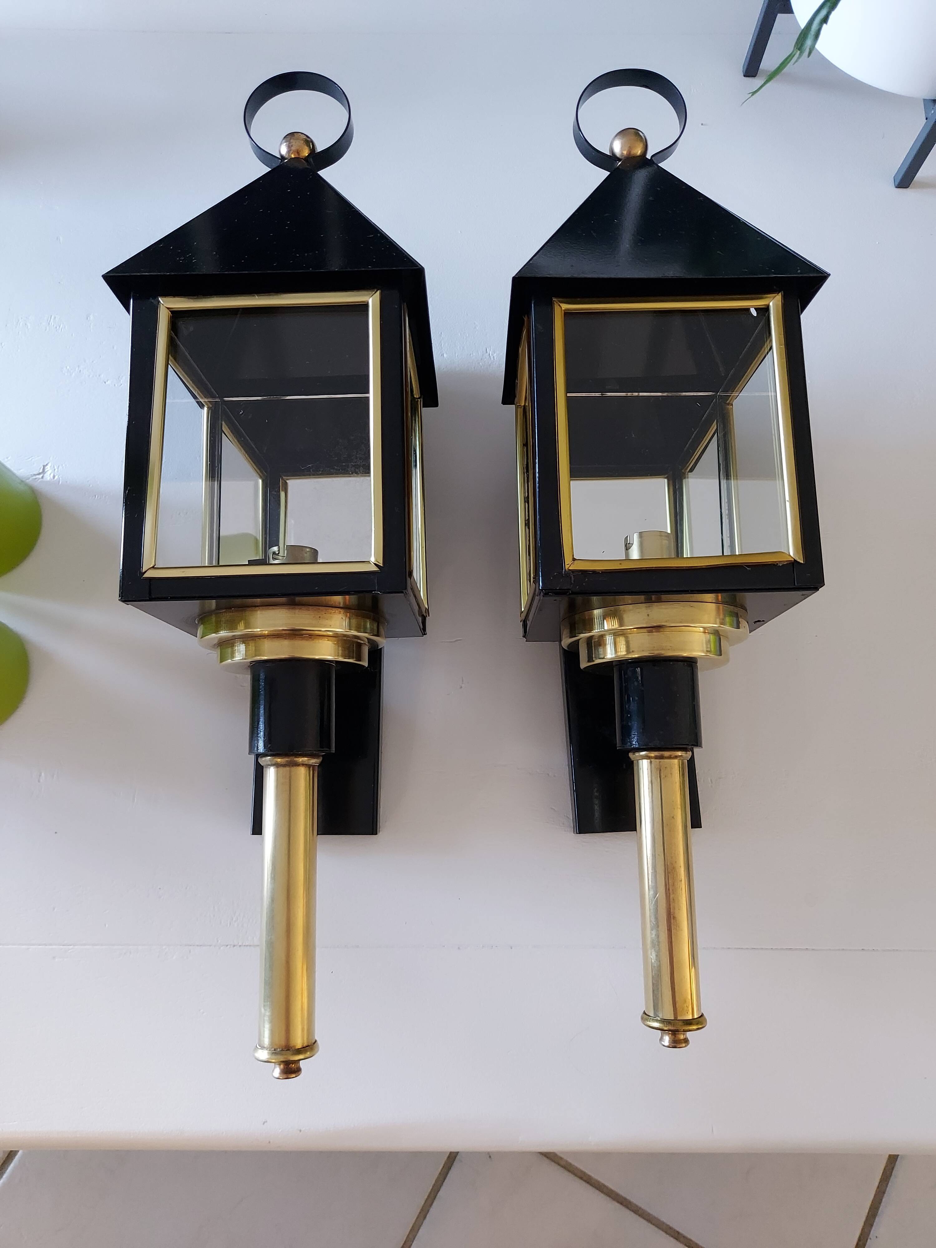 Pair of 1970s vintage lantern interior wall lamps