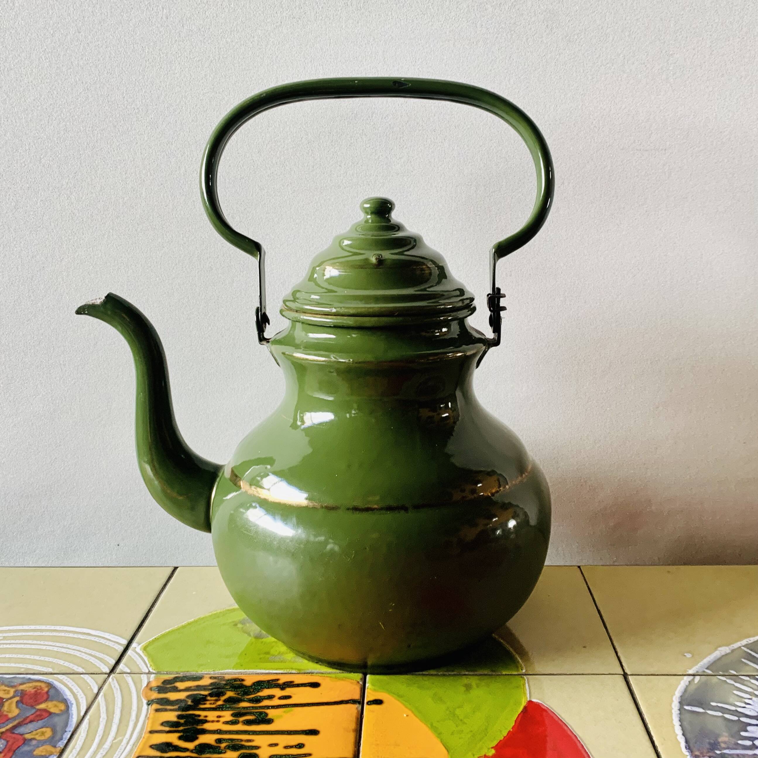 Vintage green enameled sheet metal kettle